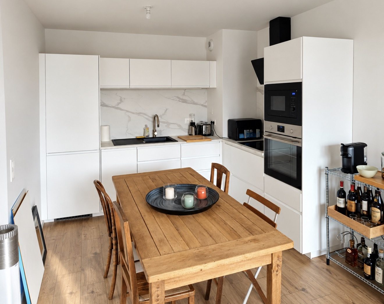 Cuisine blanche en L sans poignées, crédence veinée grand format, colonne four et micro-ondes, hotte inclinée noire — chantier réel en Île-de-France